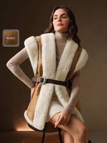 女士秋冬棕色无袖复古别致仿皮草背心，配双扣腰带，优雅正式派对外套 - 棕色 - 查看 1