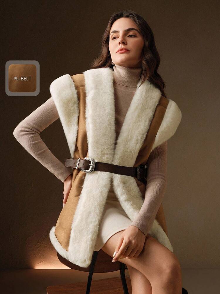 Chaleco sin mangas de piel sintética marrón con cinturón de doble hebilla en la cintura, elegante prenda exterior para fiestas formales, estilo retro chic para mujer en otoño/invierno