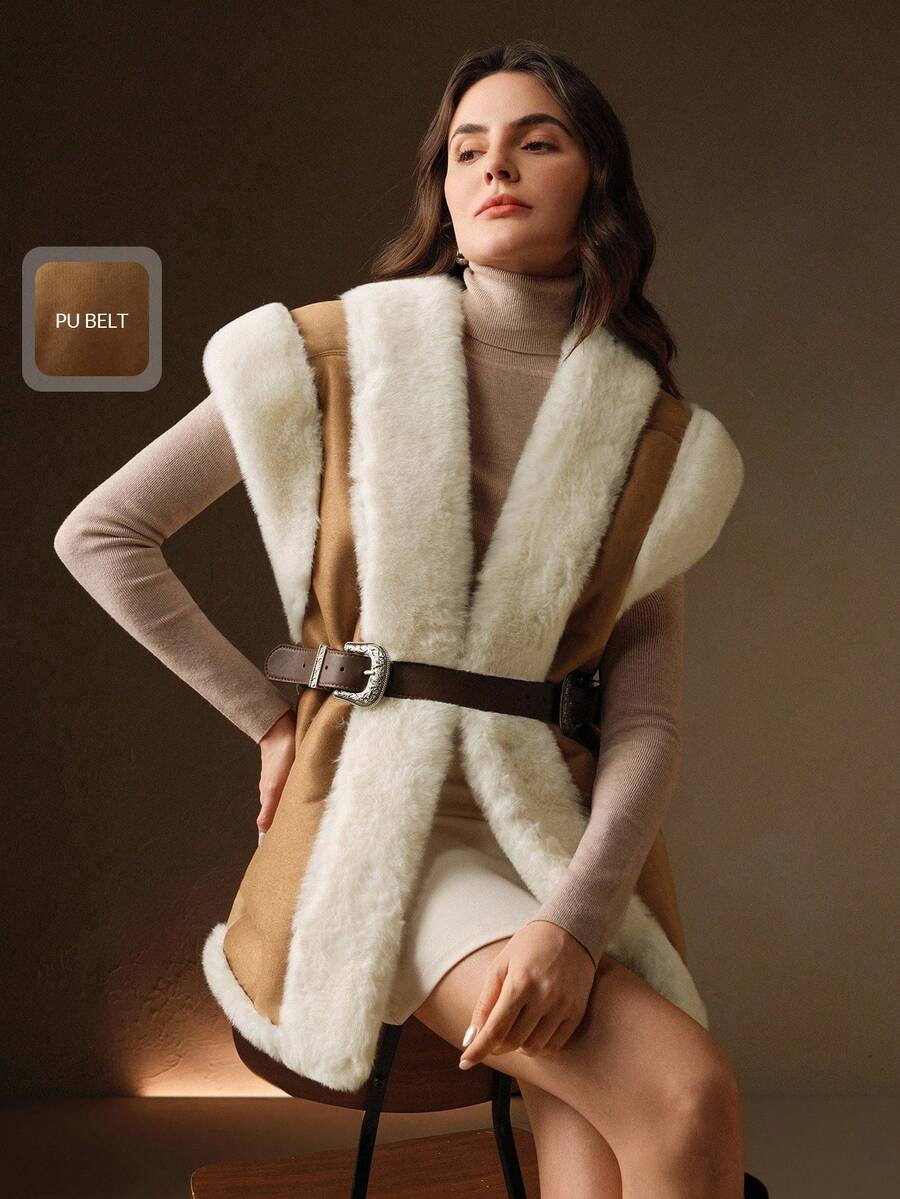 女士秋冬棕色无袖复古别致仿皮草背心，配双扣腰带，优雅正式派对外套 - 棕色 - 查看 1
