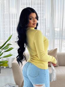 SHEIN SXY Nuevo suéter de cuello alto ajustado de unicolor para otoño/invierno, forrado térmico y grueso para mujer - Amarillo - Ver 2