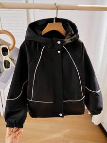 SHEIN 女童休闲百搭连帽外套，黑色配白色绳带装饰，松紧袖口，银色按扣，适合上学、通勤、郊游、运动，可搭配长袖上衣和裤子 - 黑色 - 查看 3
