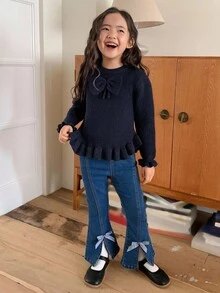 Dazy Kids Girls Crew Neck Bow Decor Sweater, Autumn - Navy Blue - View 7