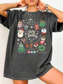 EMERY ROSE Retro Christmas Doodles T-Shirt, Christmas Little Things T-Shirt, Christmas Doodle Tee, Christmas T-Shirt, Cute Christmas T-Shirt - Dark Grey - View 1