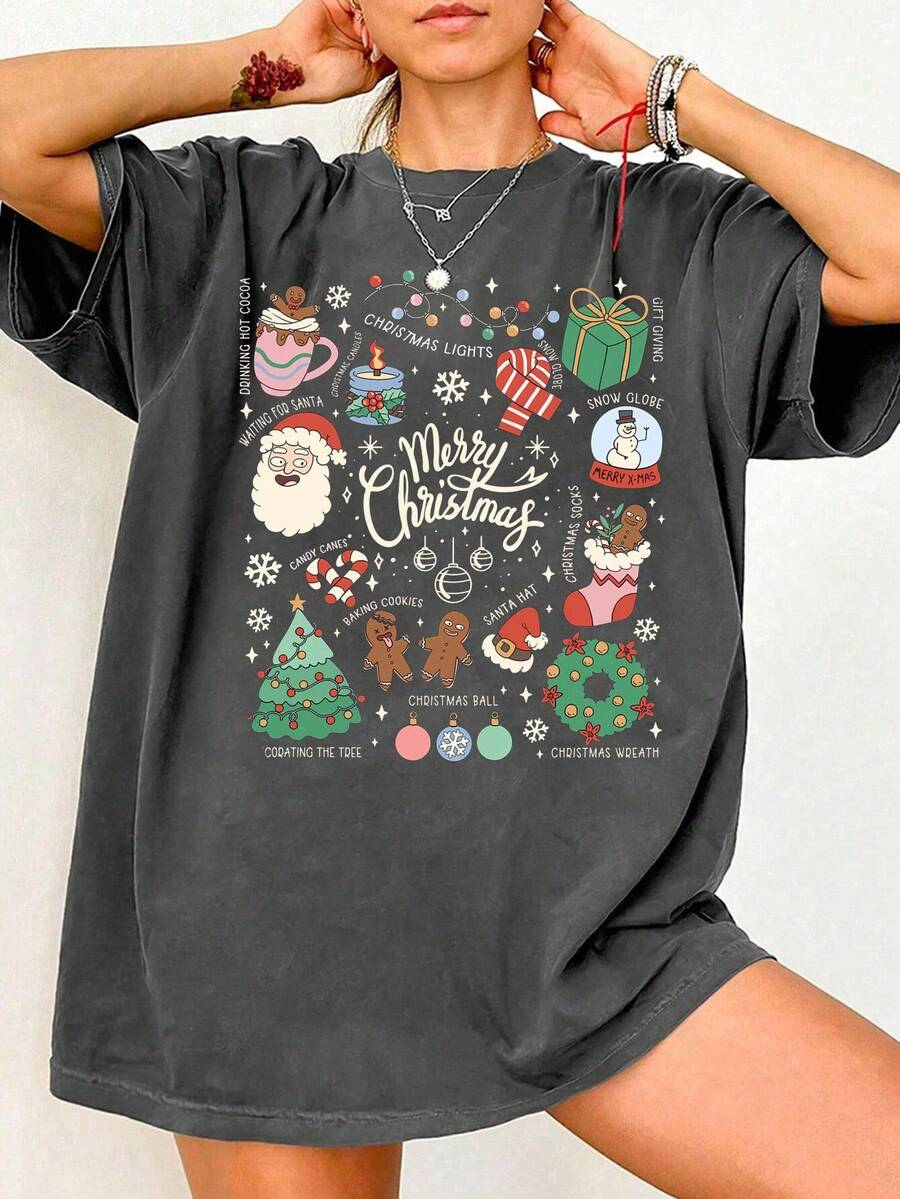 EMERY ROSE Retro Christmas Doodles T-Shirt, Christmas Little Things T-Shirt, Christmas Doodle Tee, Christmas T-Shirt, Cute Christmas T-Shirt - Dark Grey - View 1
