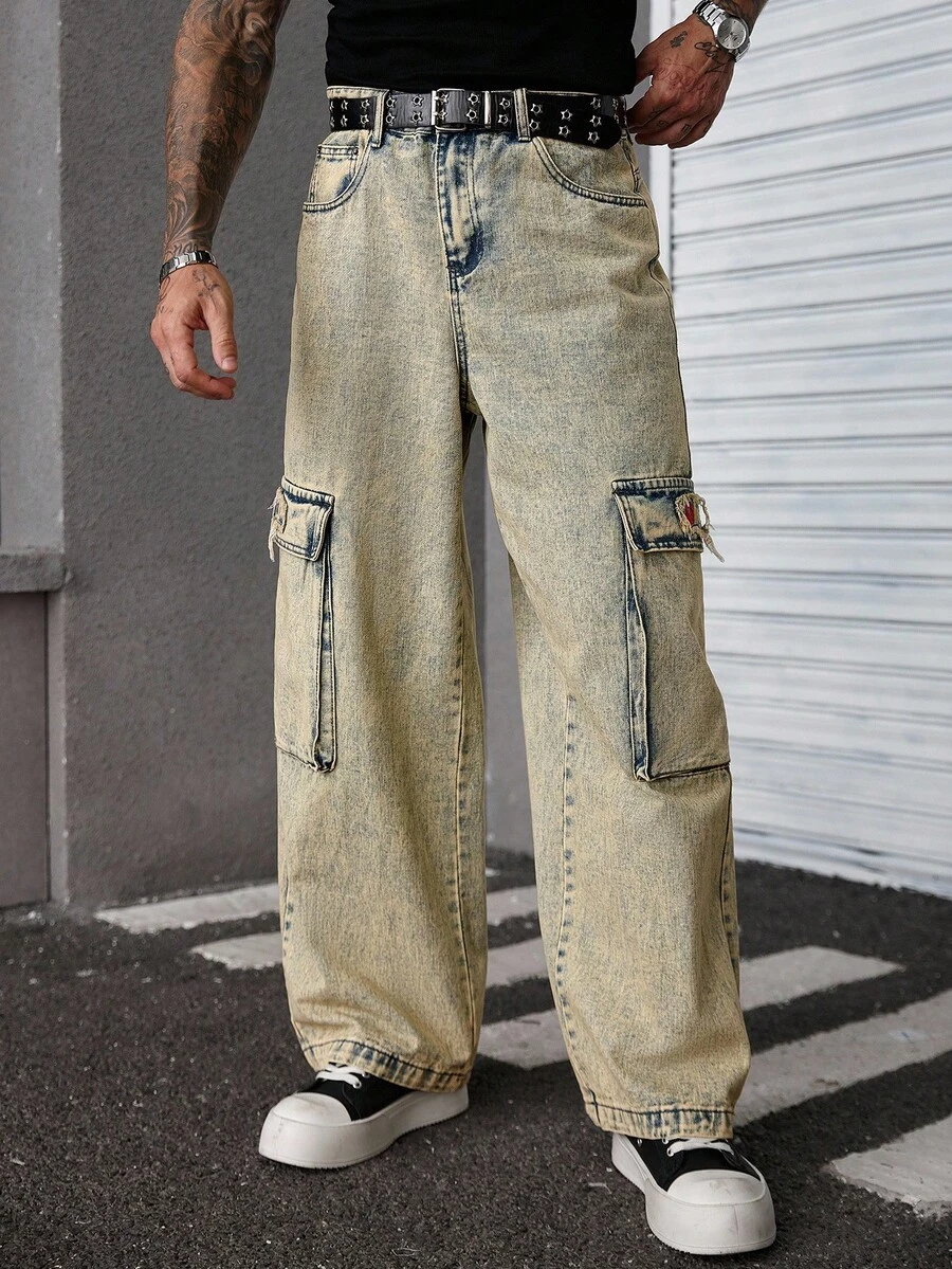 Manfinity EMRG American Streetwear 刺绣宽腿水洗复古宽松工装牛仔裤 - 藍色 - 查看 1