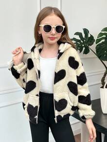 SHEIN Serisse Kids Kurtka z polaru dla dziewczynek w kształcie serca, z kapturem i zamkiem błyskawicznym, idealna na jesień/zimę, idealna na zewnątrz i do szkoły