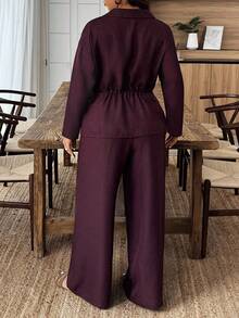 Weeklong 2pcs Women Cinched Waist Curved Hem Front Long Back Short Shirt Set - Burgundy - View 2