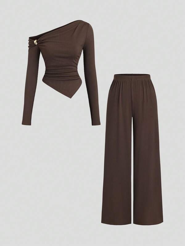 Sweetra Women's New Autumn/Winter Basic Versatile 2 Pieces Set, Metal Decor Asymmetrical Open Shoulder Long Sleeve Top & Casual Straight Wide-Leg Pants Suit