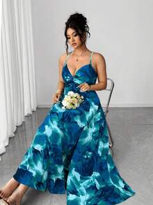 Elenzga Thiết kế thắt eo xoắn họa tiết hoa mới cỡ lớn dành cho nữ, có đường xẻ gấu, thích hợp cho kỳ nghỉ và hẹn hò - Nhiều màu - Xem 3