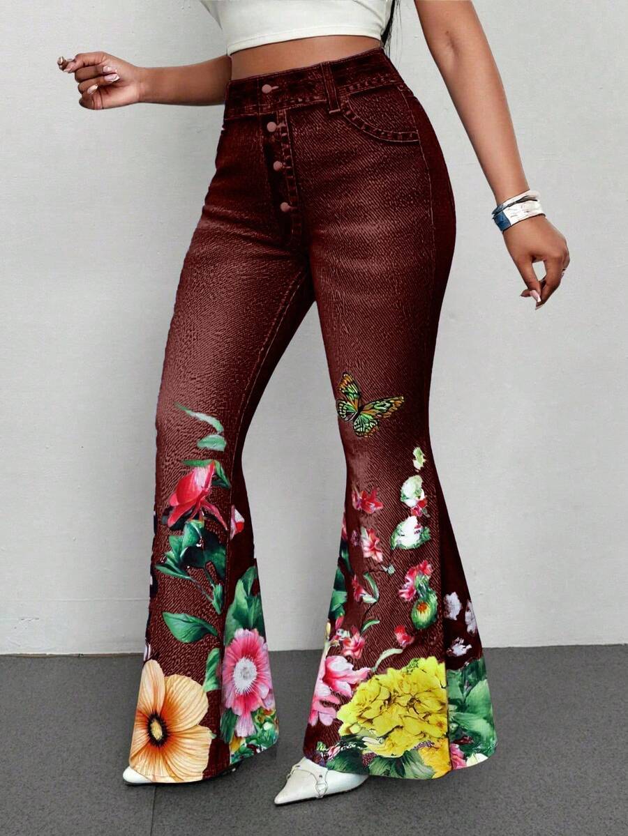 Maweii Pantaloni a zampa di donna taglie forti con stampa floreale e farfalla in finta jeans - Colore mogano - Visualizzare 1