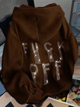 SHEIN CURVE+ 大码女式时尚休闲羊毛水钻装饰黑色宽松连帽衫