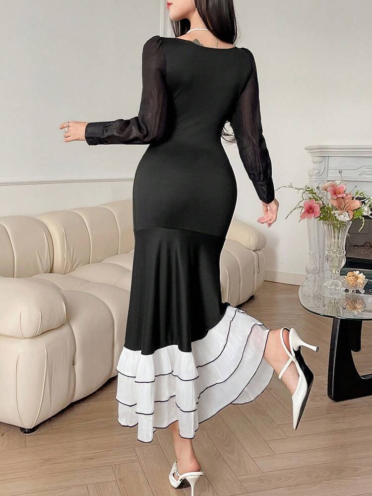 Women's Elegant Colorblock Patchwork Long Dress, Autumn Maxi Dress