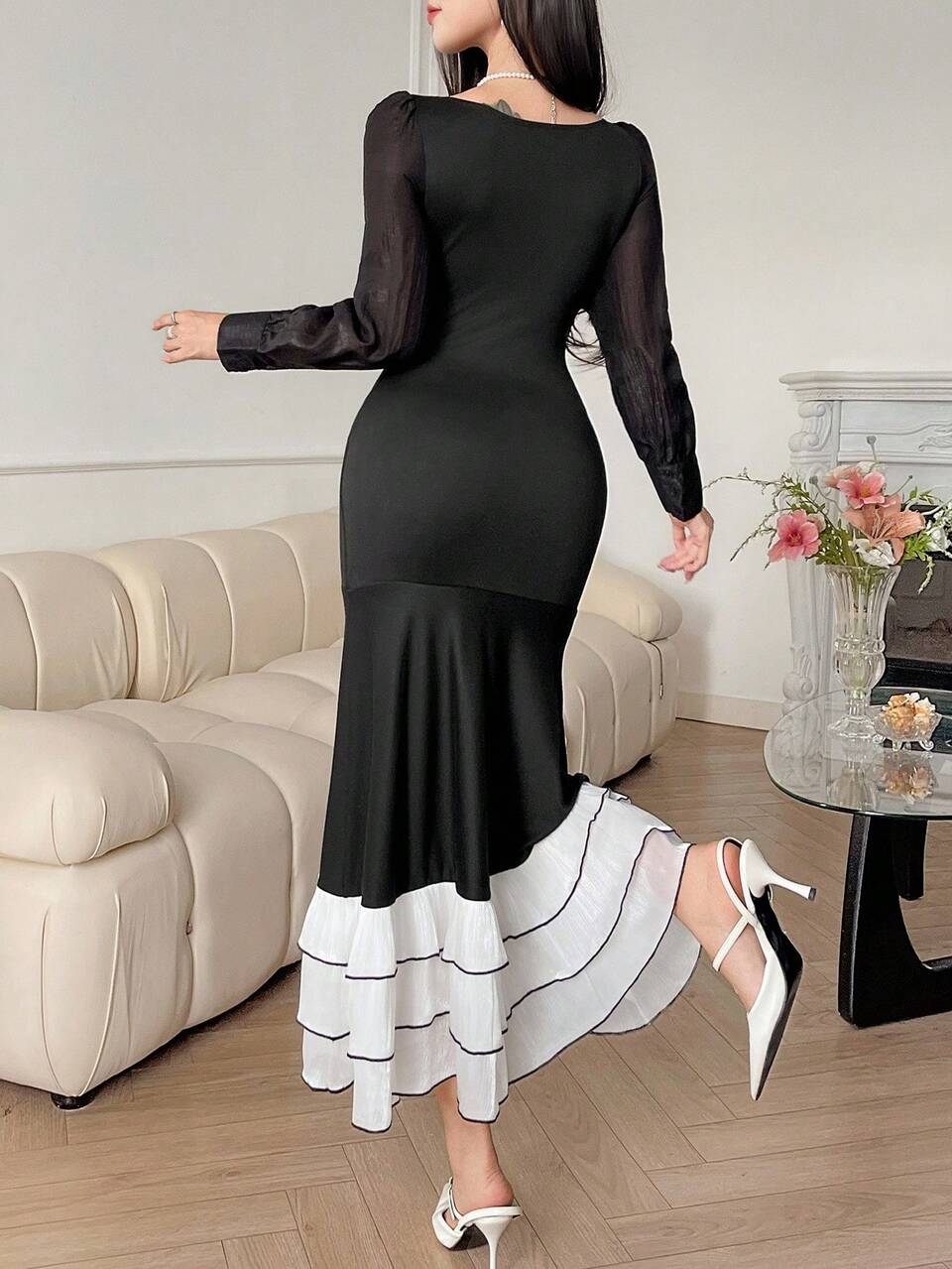 Women's Elegant Colorblock Patchwork Long Dress, Autumn Maxi Dress