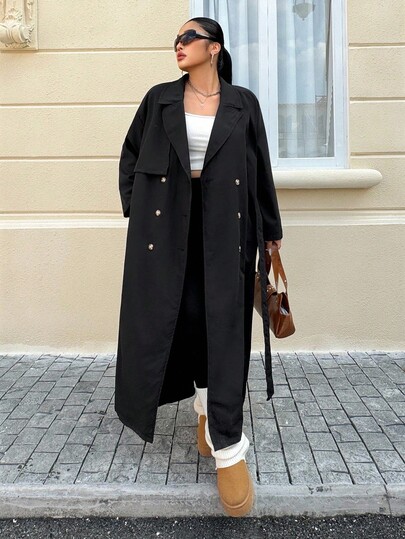 SHEIN EZwear Plus Size Women Casual Solid Color Double-Breasted Trench Coat, Autumn Winter Fall