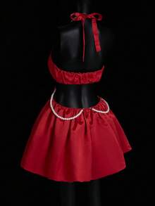 SHEIN ICON Women's Red Pearl Decor Backless Halter Mini Dress, Red - Red - View 7
