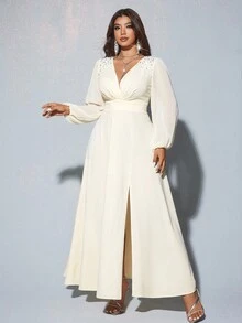 Viva Relle 大尺碼女款優雅浪漫奢華派對/婚禮賓客珍珠與水鑽裝飾長袖V領收腰百褶流暢開衩長洋裝（隨機珍珠裝飾） - 杏色 - 查看 7