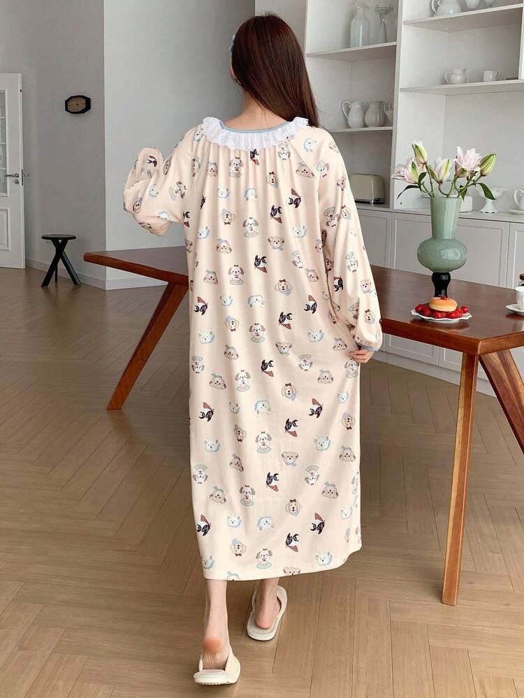Cartoon Puppy Print Contrast Trim Ruffle Collar Loose Long Women Nightgown, Fall Pajama