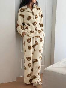 DAZY Women's Bear Pattern Plush Loose Pajama Set, Winter, Fall Clothes Thermal Lined, Fluffy, Cozy - Apricot - View 6