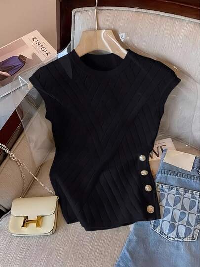 GlowEve Women's Fashionable Elegant Solid Color Button Decor Knit Top