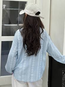 DAZY 女童条纹印花长袖梭织衬衫，青少年女孩秋装 - 藍色 - 查看 2