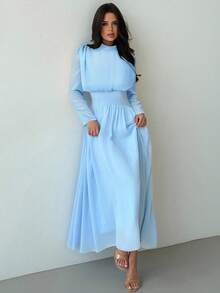 Firerie 女士优雅高领喇叭长袖中长连衣裙，适合春季、夏季、秋季、冬季、通勤、优雅、波西米亚、浪漫、约会、婚礼、毕业、音乐会、工作、女士生日连衣裙 - 藍色 - 查看 7