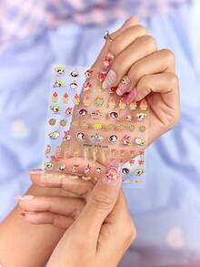 FanGlow THE POWERPUFF GIRLS X SHEIN 1 件可爱卡通美甲浮雕贴纸 - 女士自粘美甲贴花，5D 浮雕效果，可爱、有趣、精致的主题，易于粘贴的指甲装饰、DIY、节日礼物、派对风格 - 彩色 - 查看 6