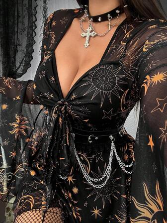 SHEIN Whyspr Halloween Plus Size Dresses Autumn And Winter Punk Dark Elegant Exaggerated Niche Star And Moon Mesh A-Line Knee-Length Women's Dress Fall Cloth For Women