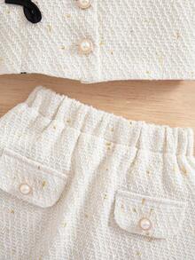 SHEIN 年轻女孩优雅白色粗花呢3D花卉泡泡袖夹克和裙子套装 - 白色 - 查看 6