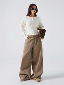 LYSMO 2025新款极简主义秋季休闲女式纯色落肩长袖单排扣收腰休闲开衫，全白款式，适合外出、街头风和斯德哥尔摩风格。 - 白色 - 查看 5