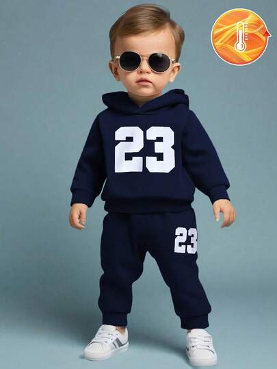 2pcs Baby Boy Number Print Long Sleeve Hoodie Jacket And Jogger Pants Casual Outfit, Suitable For Autumn, Spring And Winter. This Set Is Suitable For Both Outdoor/School And Indoor Wear. Fall