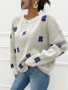 Cloudara Floral Pattern Drop Shoulder Jumper - White - View 3
