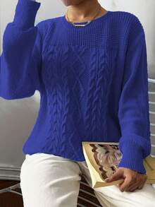 Elenzga 秋冬大码纯色休闲针织毛衣 - 藍色 - 查看 1