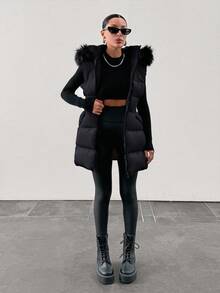 EURMUSE Padded Vest With Furry Hood And Adjustable Waist, Two Side Pockets, Thick And Fashionable Puffer Jacket, Quilting Details - Black - View 8