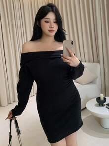 Dazy Plus Gaun Sweater Pendek Bodycon Tanpa Bahu untuk Wanita Ukuran Plus dengan Kerah, Warna Polos, Pakaian Pesta Musim Gugur/Dingin - Hitam - View 7