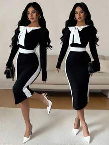 Elenzga Women's Vintage Elegant Date Night/Work Dress, Contrast Color Bowknot Waist Little Black Dress, Autumn/Winter, Christmas - Black and White - View 1