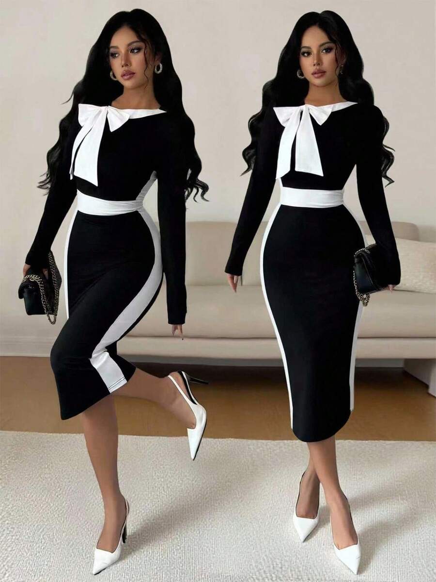 Elenzga Women's Vintage Elegant Date Night/Work Dress, Contrast Color Bowknot Waist Little Black Dress, Autumn/Winter, Christmas - Black and White - View 1