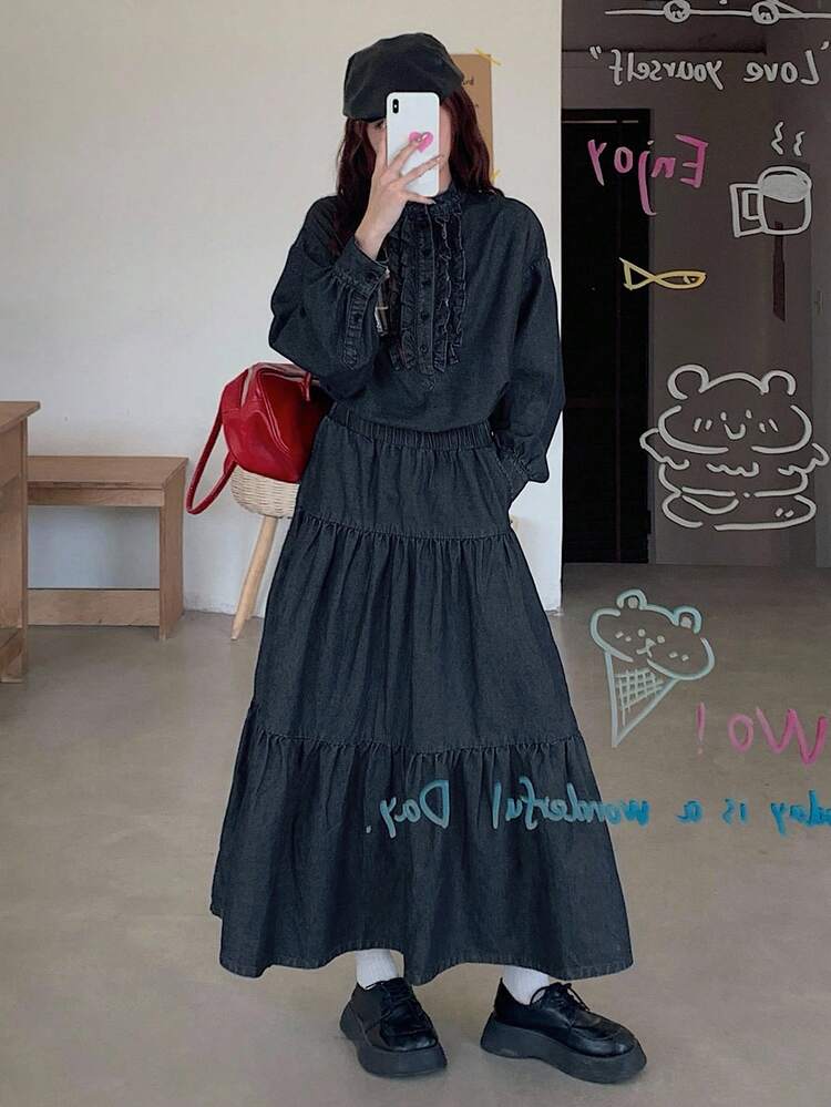 Women's Round Neck Half-Zip Frill Trim Denim Top And Long Denim Skirt Casual Denim Set