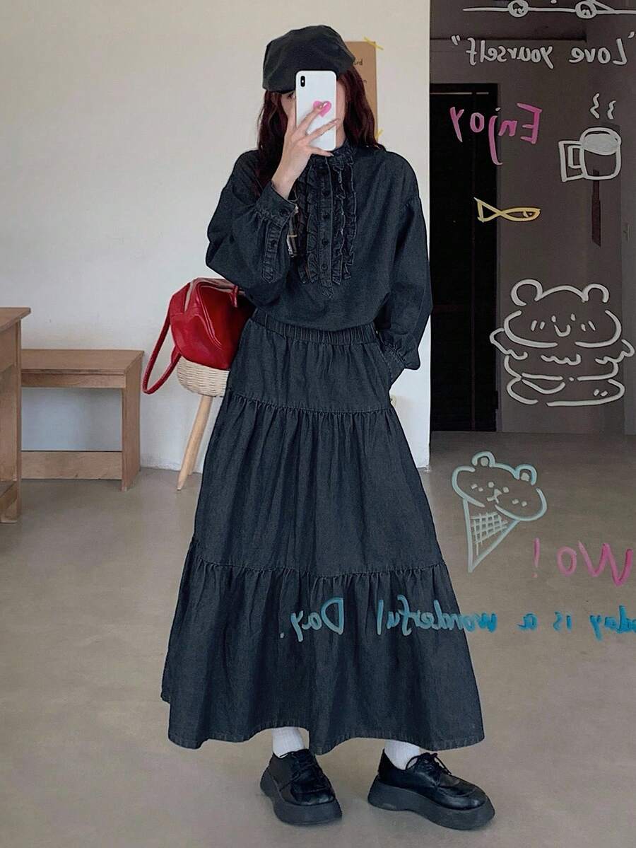 DAZY 女士圆领半拉链荷叶边牛仔上衣和长款牛仔裙休闲牛仔套装 - 深色水洗藍 - 查看 1