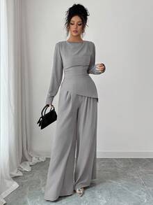 SHEIN Raffinéa 2 件套女士圆领纯色褶皱不对称下摆长袖上衣端庄两件套 2 件套休闲套装女士灰色 2 件套 2 件套女士优雅舒适两件套 - 灰色 - 查看 7