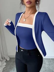 Elenzga 2pcs Women Knit Patchwork Elegant Cardigan And Sleeveless Top Set - Multicolor - View 4