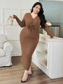 Modelyn Women's V-Neck Long Sleeve Fitted Ruched 3D Floral Luxurious Korean Elegant Plus Size Midi Dress, Autumn/Winter - Coffee Brown - View 5