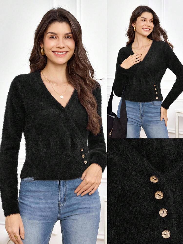 Top de chandail style cache-cœur élégant pour femmes, cardigan noir duveteux pour l'automne/l'hiver, cardigan noir à col en V pour femmes, cardigan noir à boutons pour femmes, cardigan tricoté noir pour femmes, hauts duveteux pour femmes
