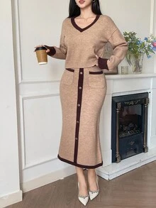 DAZY Women's Casual V-Neck Colorblock Sweater With Pockets & Button Decor + Straight Skirt 2-Piece Set, Autumn