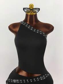 Y2K Amplova 女士 Oktoberfest PU 皮革拼接不对称上衣和性感吊带超低腰迷你裙两件套黑色夜店装 Y2K 两件套黑色两件套 - 黑色 - 查看 4