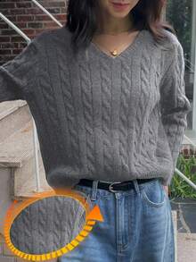 DAZY 女士V领长袖扭纹针织商务休闲毛衣，秋冬