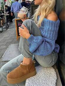 INAWLY Women's Casual Solid Color Off-Shoulder Loose Knit Sweater, Autumn/Winter - Dusty Blue - View 4