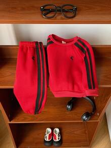 2 Stück/Set Baby Jungen Süß Lässig Sport Schleife Strick Weihnachtsrot Sweatshirt und Jogginghose Trainingsanzug, Unisex Baby Kleidung, Baby Winter Kleidung - Verschiedenfarbig - Übersicht 4