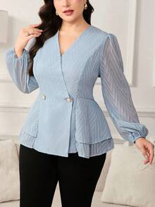 Reflora Blusa de manga larga con cuello en V, de talla grande, elegante y casual, con estampado floral retro francés, doble volante en el bajo, cintura ceñida y botones de perla - Azul - Ver 1