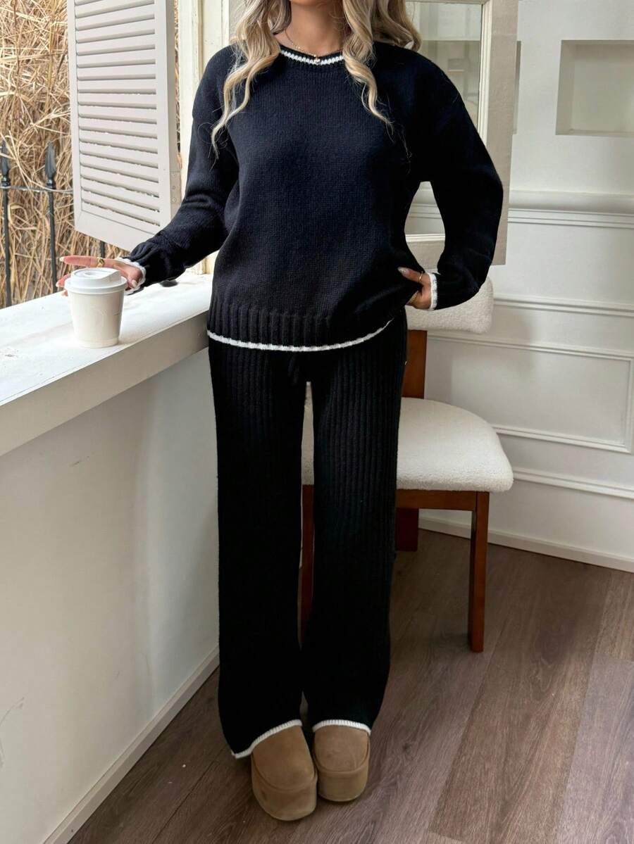 SHEIN 2 件套青少年女孩拼色针织毛衣百搭休闲百搭适合秋冬黑白 - 黑與白 - 查看 1