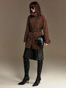 Ontre 2025新款女士冬季外套，高级百搭日常穿搭，深咖啡色，高领，腰带，口袋，宽松版型，长袖，柔软梭织面料，商务休闲，畅销纯色女式外套，商务通勤，万圣节，圣诞节，节日，度假派对，婚礼宾客着装，日常穿着，情人节，感恩节，秋冬季，韩版风格，时尚设计，适合5-15℃，优雅简约，时尚百搭通勤女式外套 - 鏽棕色 - 查看 7